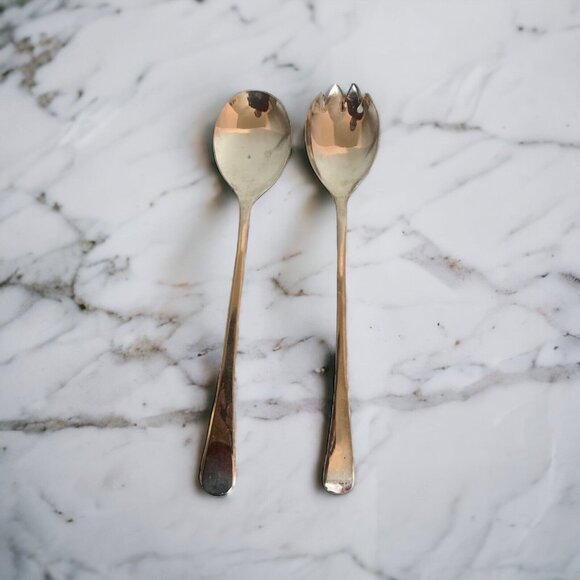 Vintage Silver Plated Salad Serving Spoon Fork Set England EPNS Shabby Chic - Picture 1 of 9
